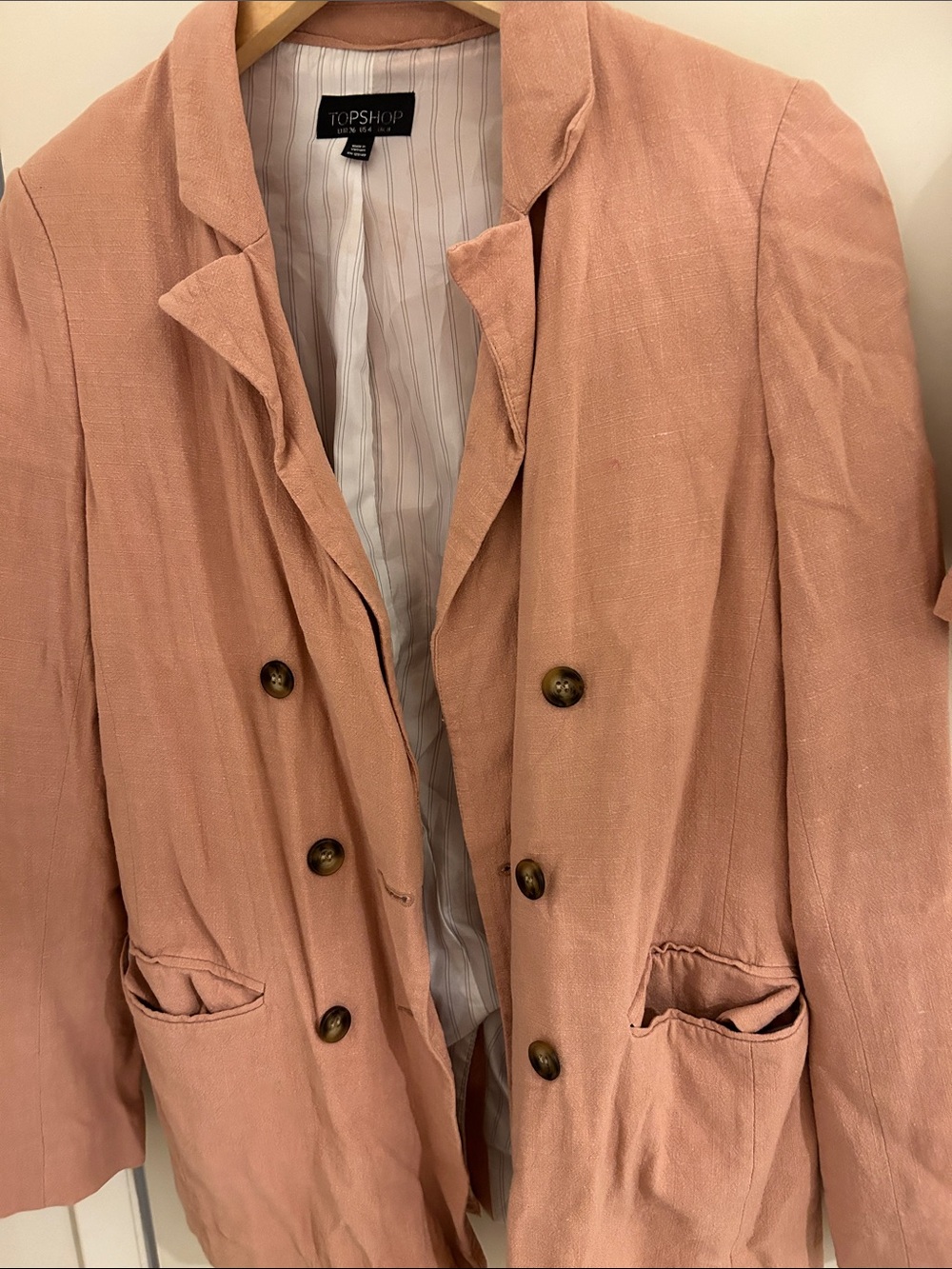 Topshop Peach Double-Breasted Linen-Blend Blazer